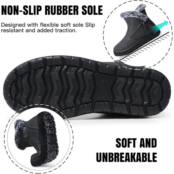 Women's Waterproof Snow Boot Warm Ankle Fur Lined Booties Insulated Shoes Grey - Picture 5 of 6